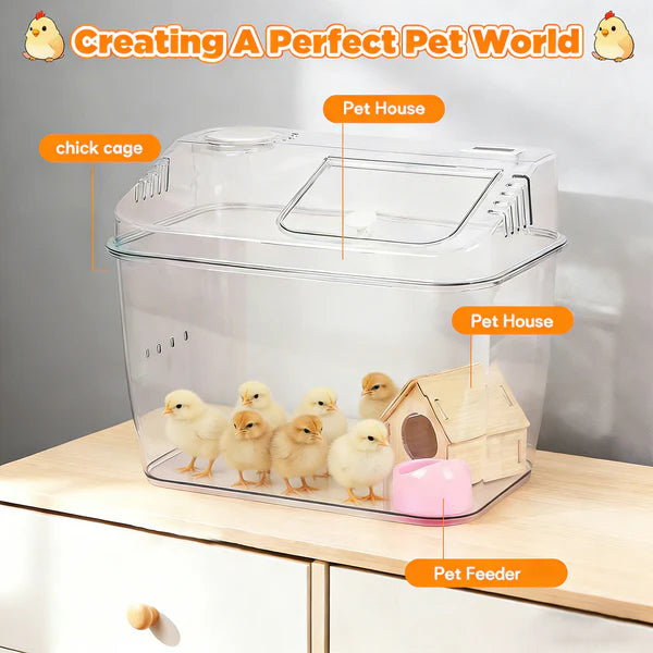 Pet house with chicks and feeder on a wooden surface, labeled 'Creating A Perfect Pet World'.