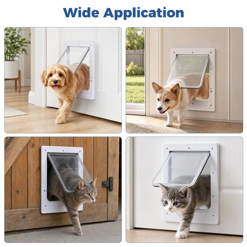 Four-panel collage showing a pet door in use by a dog and two cats, with the headline 'Wide Application' at the top. The product is a white rectangular entry/exit door with a clear hinged flap, shown mounted on doors in indoor and outdoor settings at Pet Servo