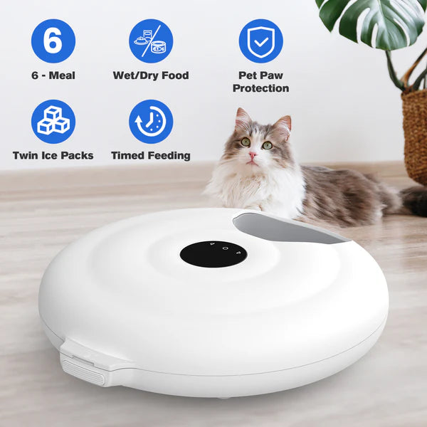 Pet feeding device with features listed and a cat sitting next to it.