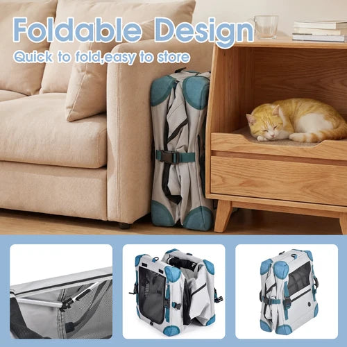 A foldable pet carrier backpack shown in a living room setting, leaning against a beige sofa next to a wooden cabinet with a sleeping orange cat inside. Large text at the top reads 'Foldable Design' and 'Quick to fold, easy to store at Pet Servo