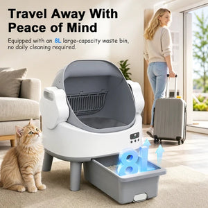 Cat litter box with large capacity waste bin, cat sitting next to it, woman with suitcase in background at Pet Servo