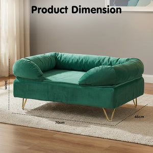 Green pet bed with dimensions on a wooden floor at Pet Servo