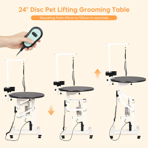 Pet grooming table with adjustable height shown in three stages, controlled by a handheld remote at Pet Servo