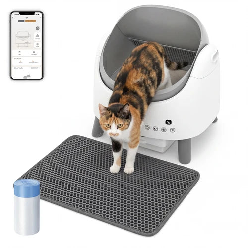 Cat using a self-cleaning litter box with a smartphone app displayed at Pet Servo