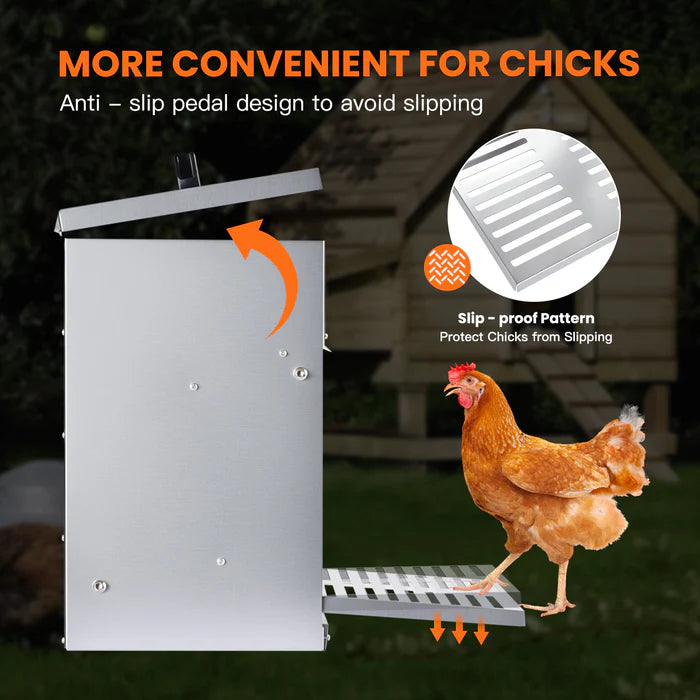 Chicken feeder with anti-slip pedal design, featuring a chicken and text on a dark background.