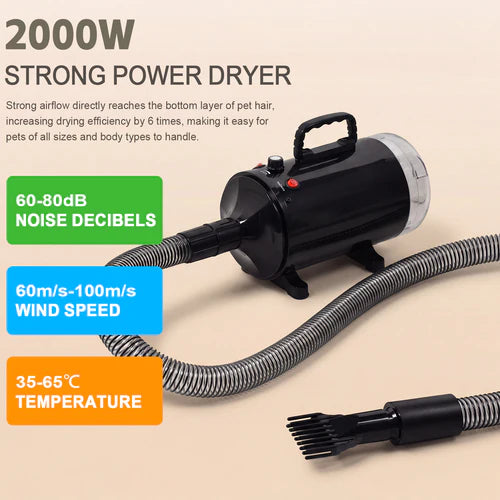 2000W strong power dryer with specifications on a beige background at Pet Servo