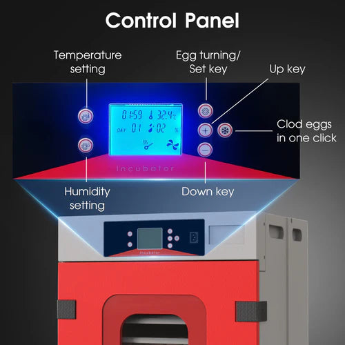 Control panel of an incubator with labeled buttons and display at Pet Servo