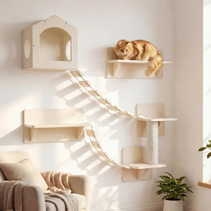 A cream-colored wooden multi-level cat tree with shelves, a curved rope ladder, a sisal-wrapped scratching post, and a house-shaped top perch, shown mounted on a white wall in a sunlit room with a cat resting on one of the shelves at Pet Servo