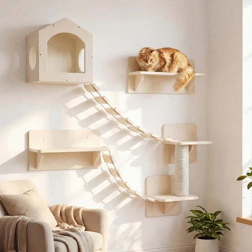 A cream-colored wooden multi-level cat tree with shelves, a curved rope ladder, a sisal-wrapped scratching post, and a house-shaped top perch, shown mounted on a white wall in a sunlit room with a cat resting on one of the shelves at Pet Servo