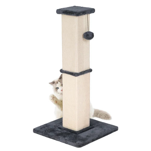 Cat climbing on a multi-level cat tree with gray and beige colors at Pet Servo