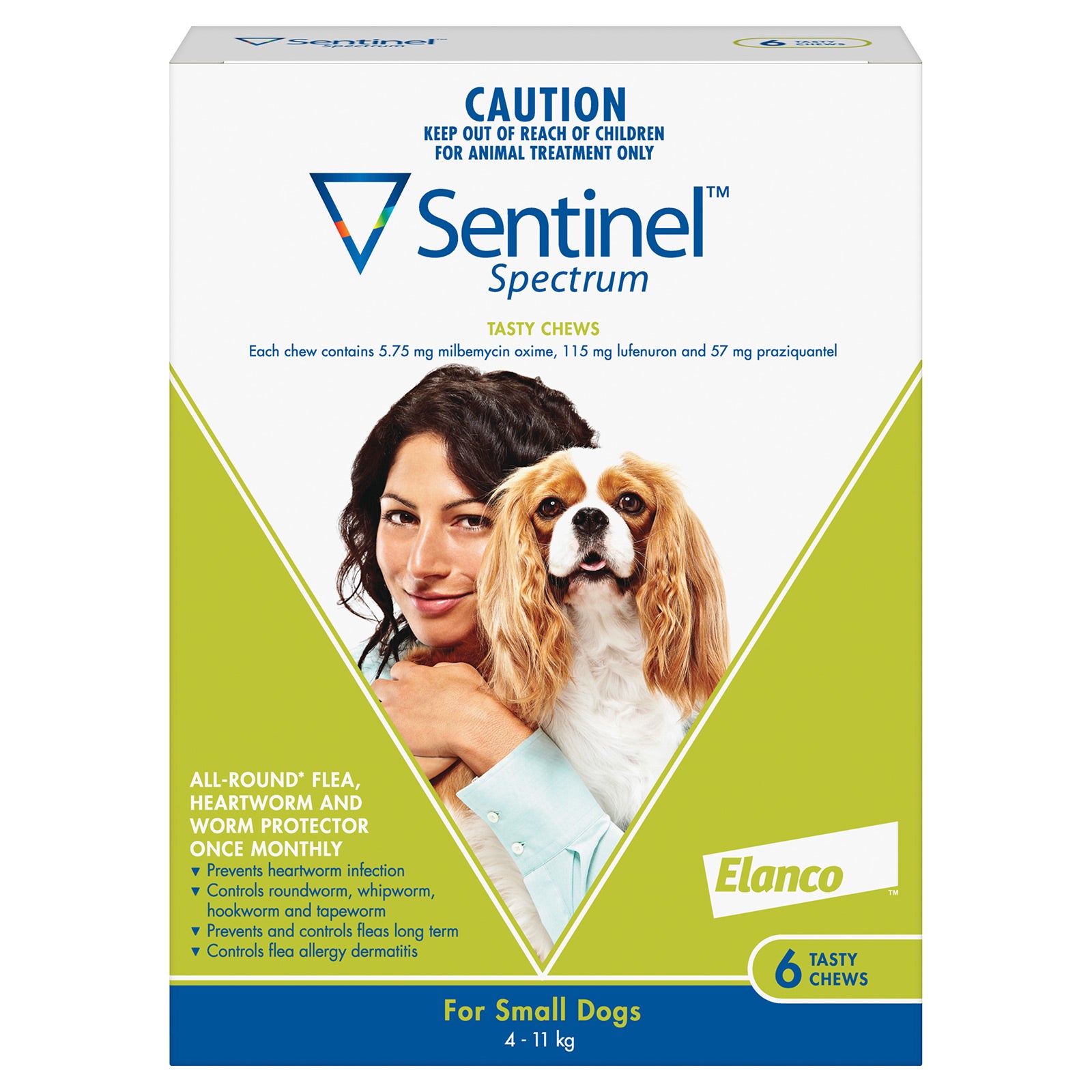Box of Sentinel Spectrum for small dogs with a woman and dog on the label.