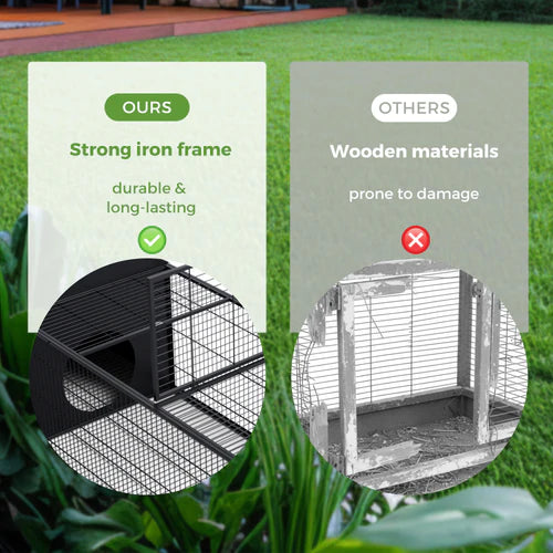 Comparison of a strong iron frame vs wooden materials for pet enclosures on a grassy background 
