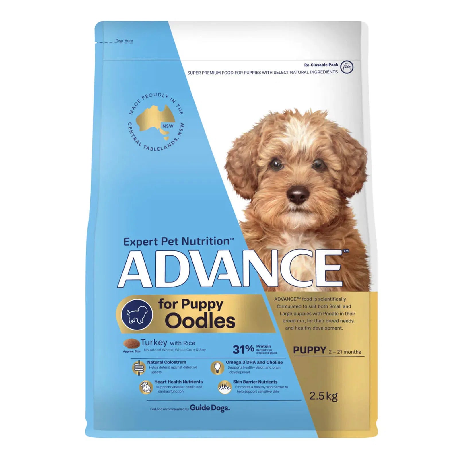 Advance dog food package for puppy Oodles with a puppy image on a white background at Pet Servo