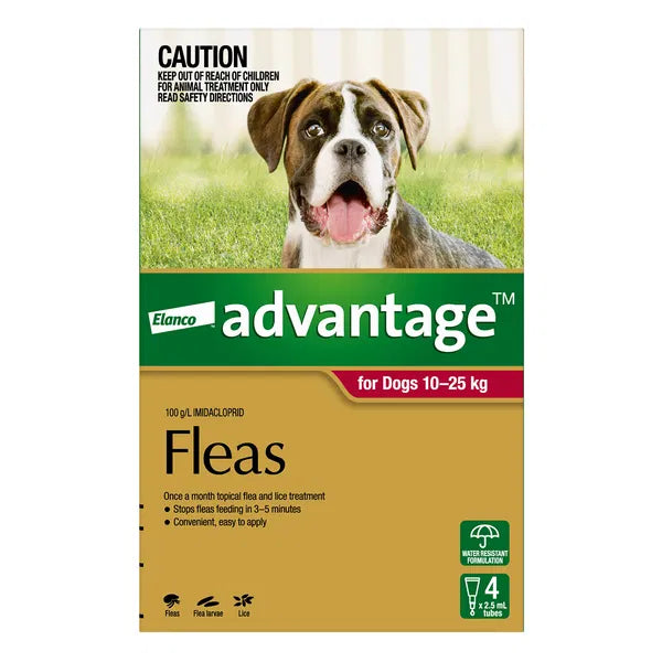 Elanco Advantage flea treatment packaging for dogs with a dog on a grassy background