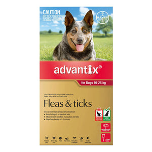 Advantix flea and tick treatment for dogs packaging with a dog on a grassy background
