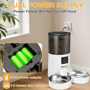 Pet feeder with dual power supply system on a wooden floor at Pet Servo