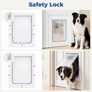Dog door safety lock product shown in a collage with a black-and-white dog. The top-left panel shows the white rectangular dog door with a reinforced center panel and red arrow callouts indicating strength at Pet Servo