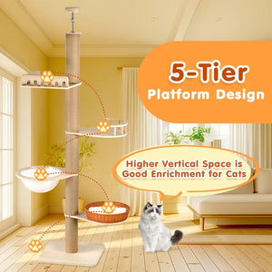 A tall 5-tier cat tree in a warm beige living room, with a white cat sitting below. The image includes promotional text bubbles reading '5-Tier Platform Design' and 'Higher Vertical Space is Good Enrichment for Cats', with orange paw-print graphics indicating the climbing towers and platforms at Pet Servo
