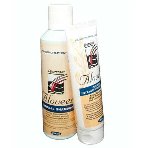 Two bottles of Dermcare Alovere oatmeal shampoo 250ml & 100ml Conditioner with a white background at Pet Servo