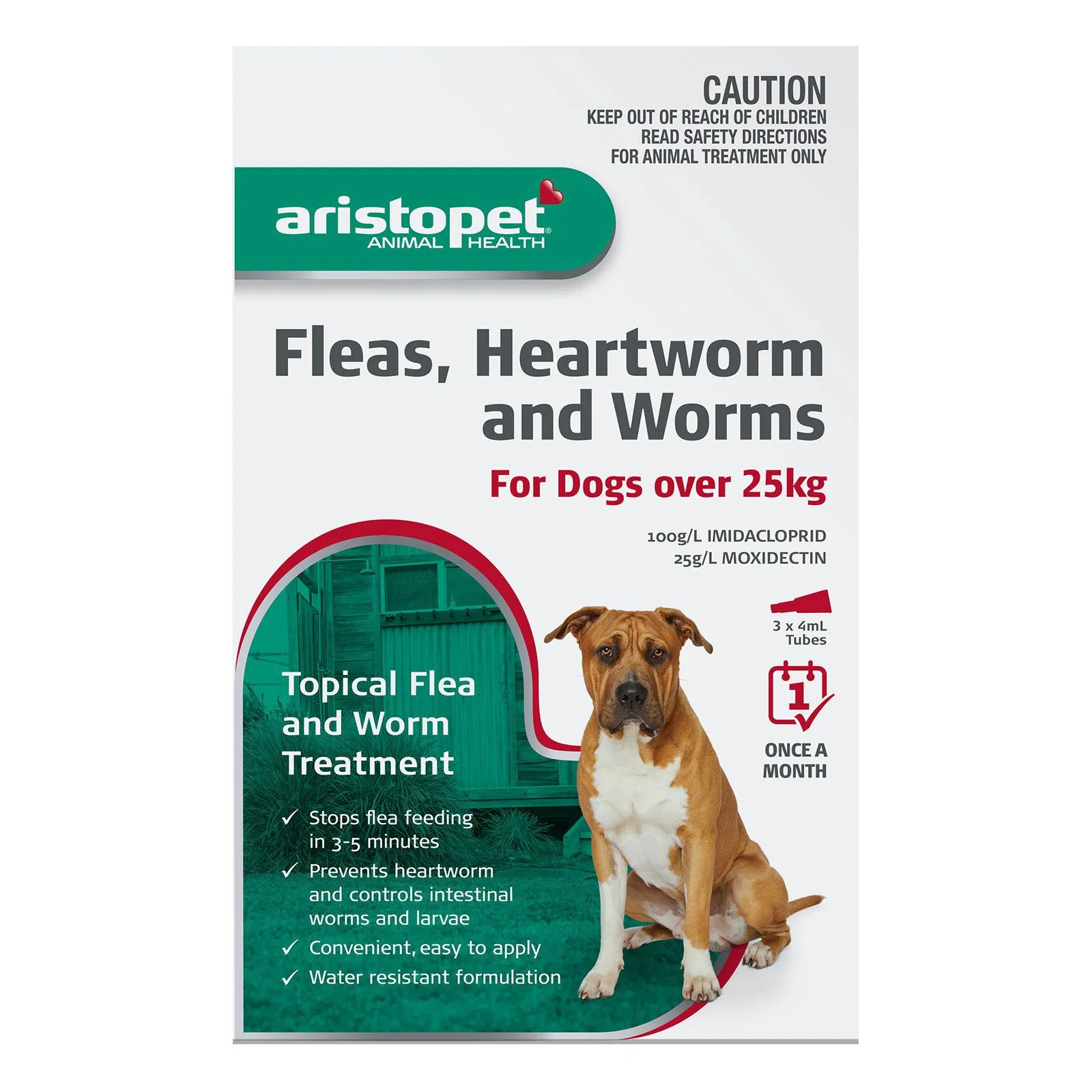 Aristopet Fleas, Heartworm, and Worms treatment package for dogs over 25kg on a white background at Petservo.
