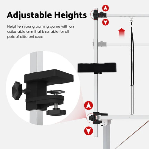 Adjustable grooming arm with height adjustment mechanism on a white background at Pet Servo