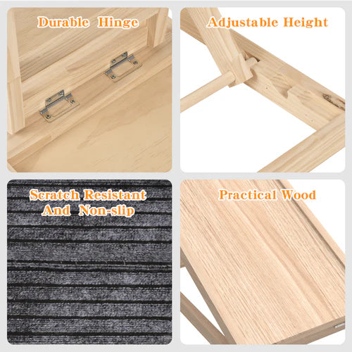 Collage of wooden product features including durable hinge, adjustable height, scratch-resistant mat, and practical wood at Pet Servo