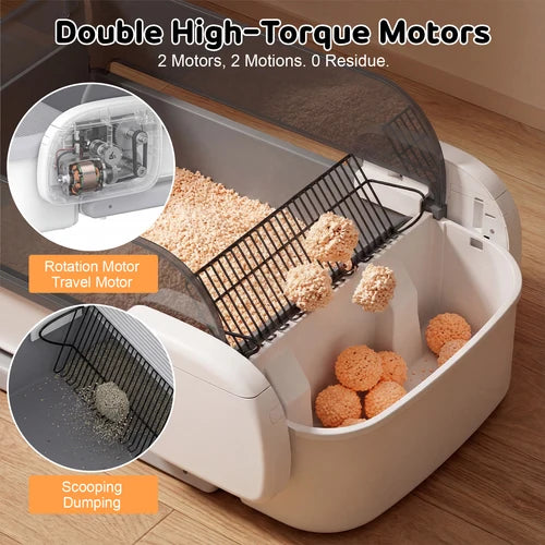 A pet litter box shown on a wood floor with text reading 'Double High-Torque Motors' and callout circles explaining the rotation motor, travel motor, and scooping/dumping motion. The litter box is open, showing wood shavings, a black scoop basket, and orange-brown litter balls at Pet Servo