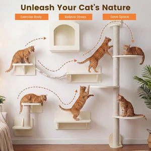 A multi-level cat tree with platforms, scratching posts, and a small wall shelf shown in a home setting with several orange tabby cats using it. Text at the top reads 'Unleash Your Cat's Nature' with callouts for exercise body, relieve stress, and save space at Pet Servo