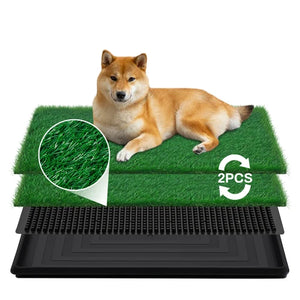 Two green artificial grass mats with black drainage trays underneath, shown on a white background with a Shiba Inu dog lying on the top mat and a circular inset showing the grass texture at Pet Servo