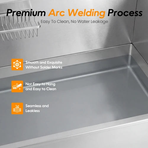 Stainless steel surface with text highlighting features of a premium arc welding process at Pet Servo