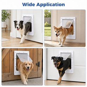 Four-panel collage showing dogs using a white pet door installed on different household doors, with the headline 'Wide Application' at the top at Pet Servo