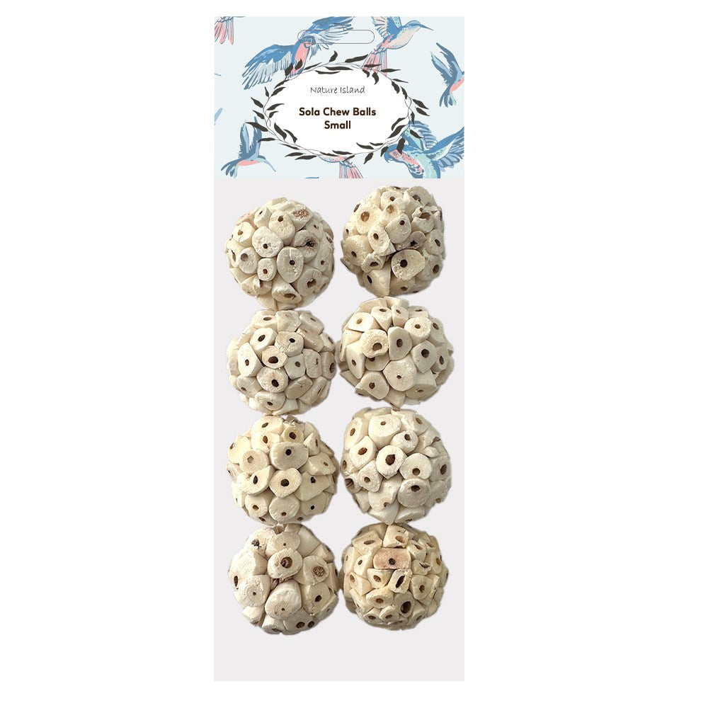 A package of eight small ivory bone chew balls arranged in two columns on a white card with a blue and black bird illustration header. The text on the header reads 'Mille Island' and 'Solo Chew Balls Small' at Pet Servo
