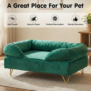 Green pet bed with text highlighting features in a home setting at Pet Servo