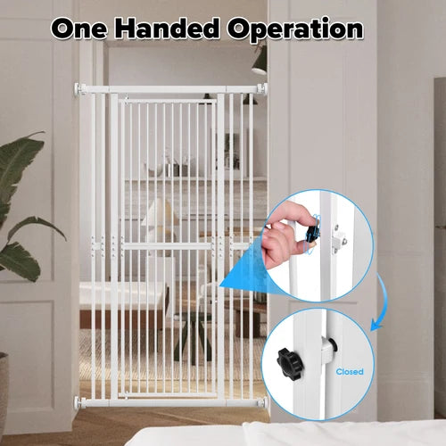 White metal pet gate installed in a doorway, with text reading 'One Handed Operation' and two circular inset callouts showing a hand using a latch and the gate closed at PET SERVO