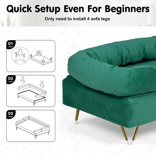 A green velvet modular sofa shown with text reading 'Quick Setup Even For Beginners' and three step-by-step assembly diagrams on the left. The sofa has a thick cushioned seat and back, slim gold legs, and white protective tips on the ends at Pet Servo