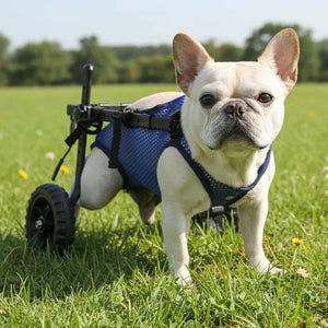 A light cream French Bulldog standing in a grassy park wearing a blue mesh harness and a black wheeled dog wheelchair at Pet Servo