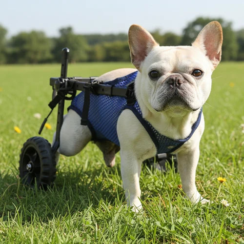 A light cream French Bulldog standing in a grassy park wearing a blue mesh harness and a black wheeled dog wheelchair at Pet Servo