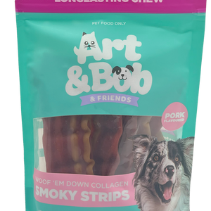 Pet food package for dogs with 'Art & Bob & Friends' branding on a teal background.