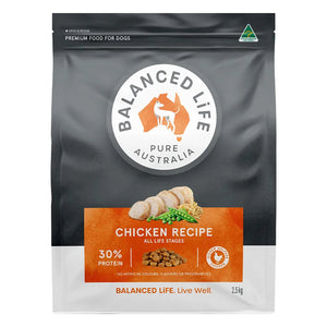 Balanced Life Pure Australia dog food package with chicken recipe on a white background at Pet Servo