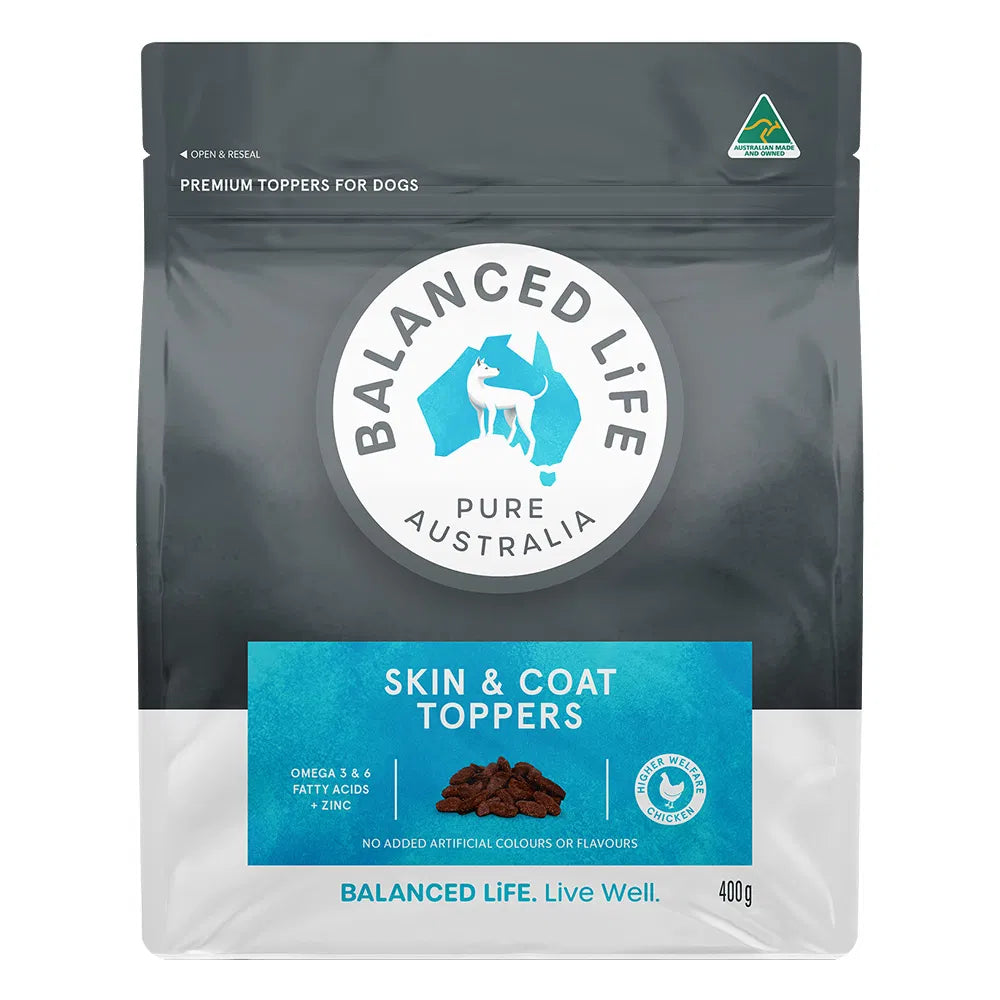 Balanced Life Skin & Coat Toppers package for dogs on a white background at Pet Servo