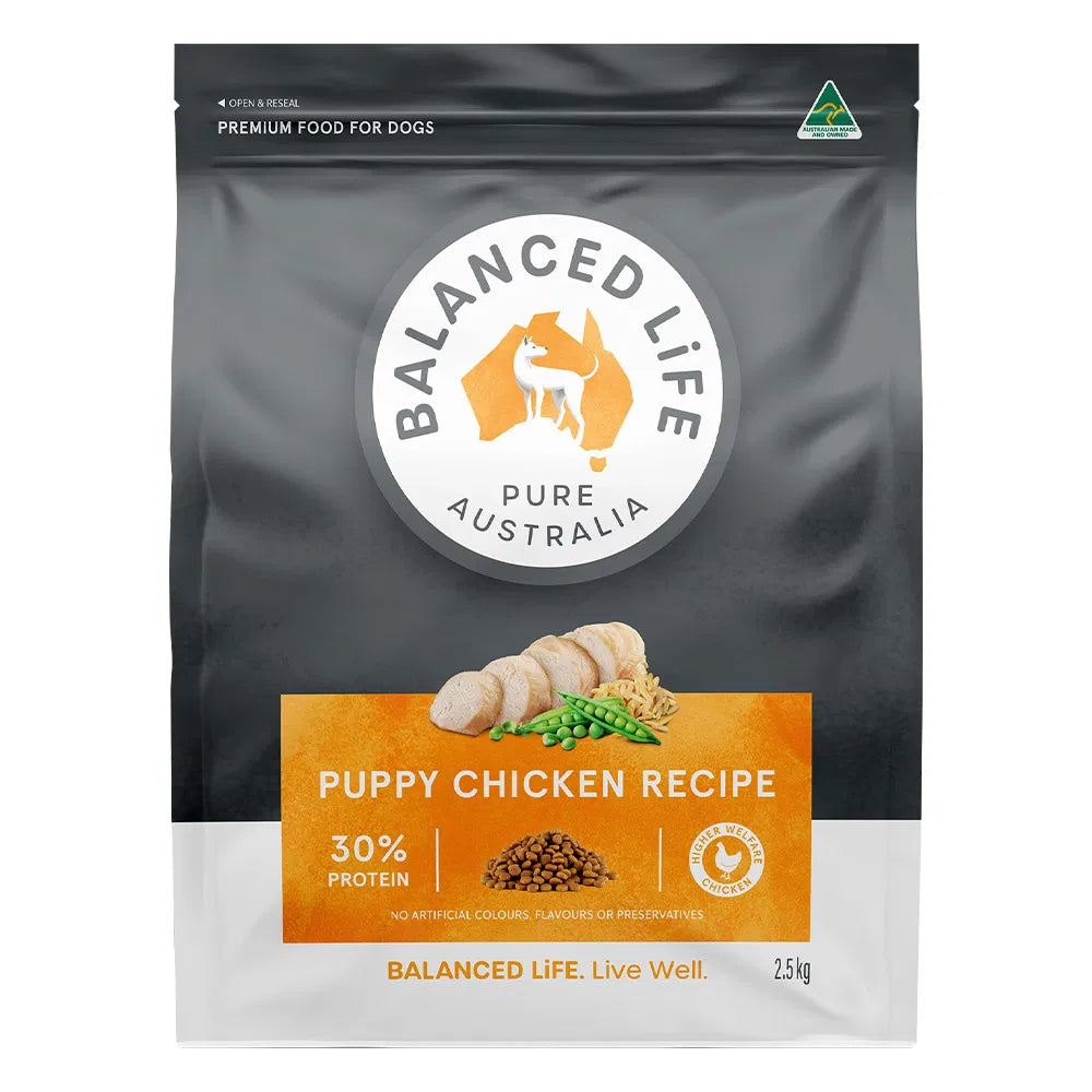 Balanced Life Pure Australia puppy chicken recipe dog food package on a white background at Pet Servo