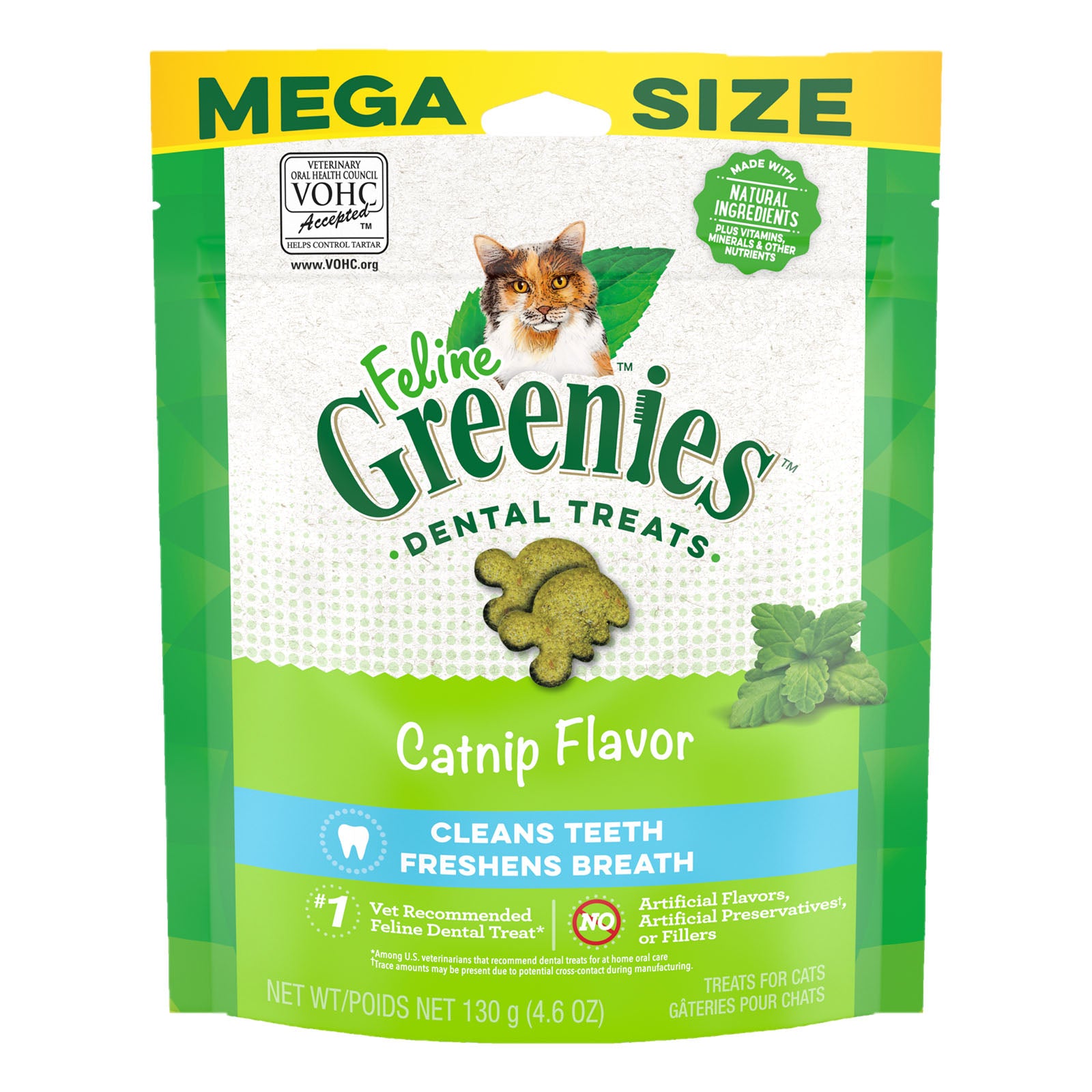 Feline Greenies dental treats packaging with catnip flavor on a white background at Pet Servo