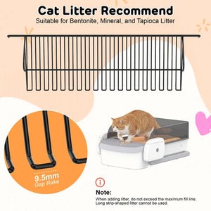 Black metal cat litter rack shown above a cat using a litter box, with text stating it is suitable for Bentonite, Mineral, and Tapioca Litter. Includes a close-up inset of the 9 at Pet Servo