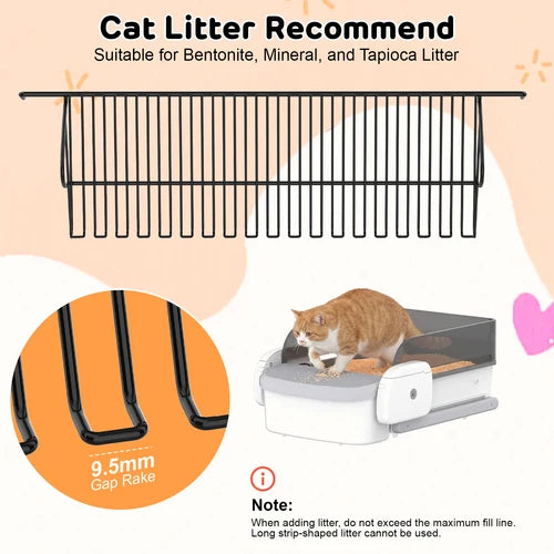 Black metal cat litter rack shown above a cat using a litter box, with text stating it is suitable for Bentonite, Mineral, and Tapioca Litter. Includes a close-up inset of the 9 at Pet Servo