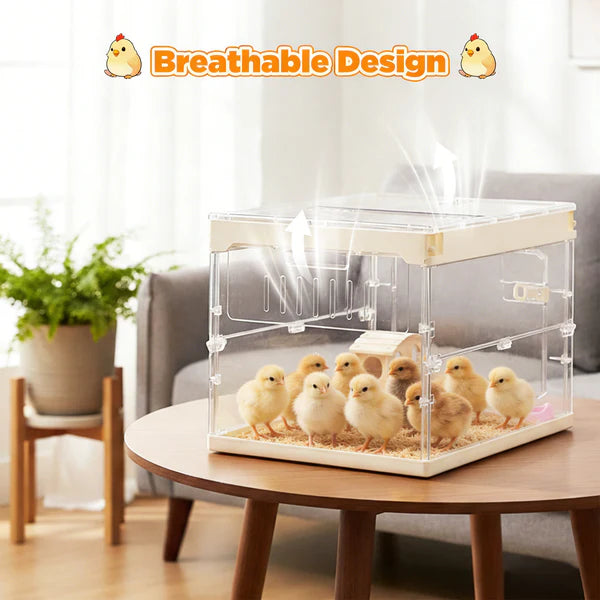 Clear acrylic incubator with baby chicks on a wooden table, surrounded by a home setting.