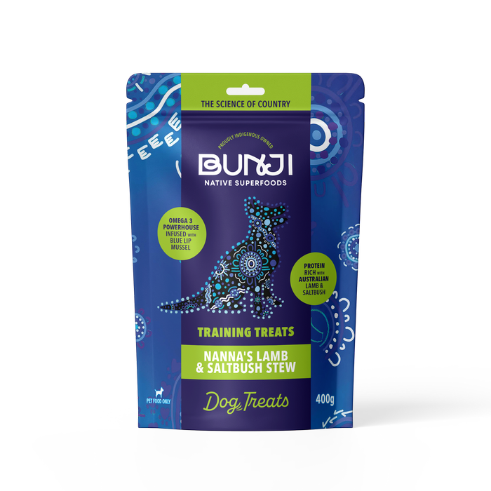 BUNJI dog treats packaging with blue and green design on a white background at Pet Servo