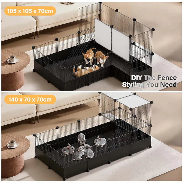 Pet playpen with customizable size options on a neutral background