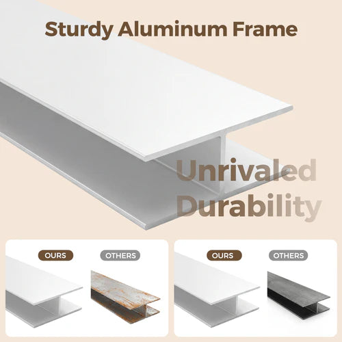 Sturdy aluminum frame with text highlighting durability on a beige background at Pet Servo