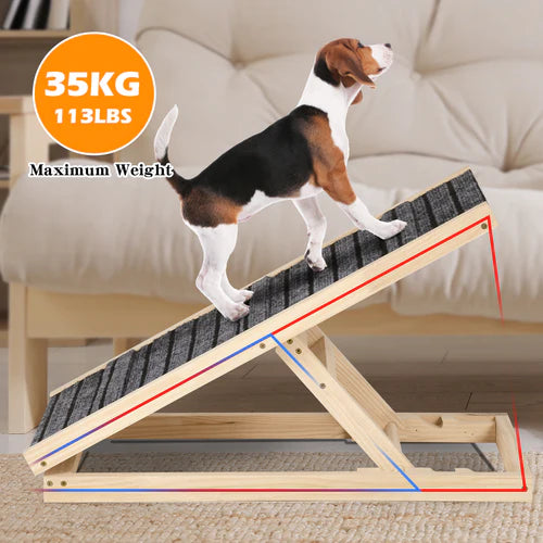 Dog standing on a wooden ramp with a maximum weight capacity indicator in a home setting at Pet Servo