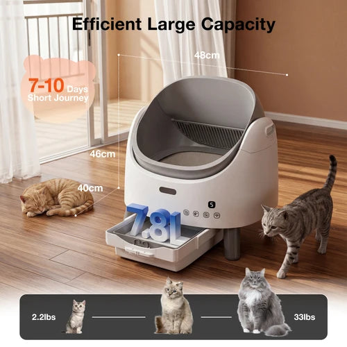 An automatic cat litter box shown in a home interior with two cats nearby, overlaid with size and capacity callouts including 48cm, 40cm, 7.8L, 7-10 Days Short Journey, and cat weight figures at Pet Servo